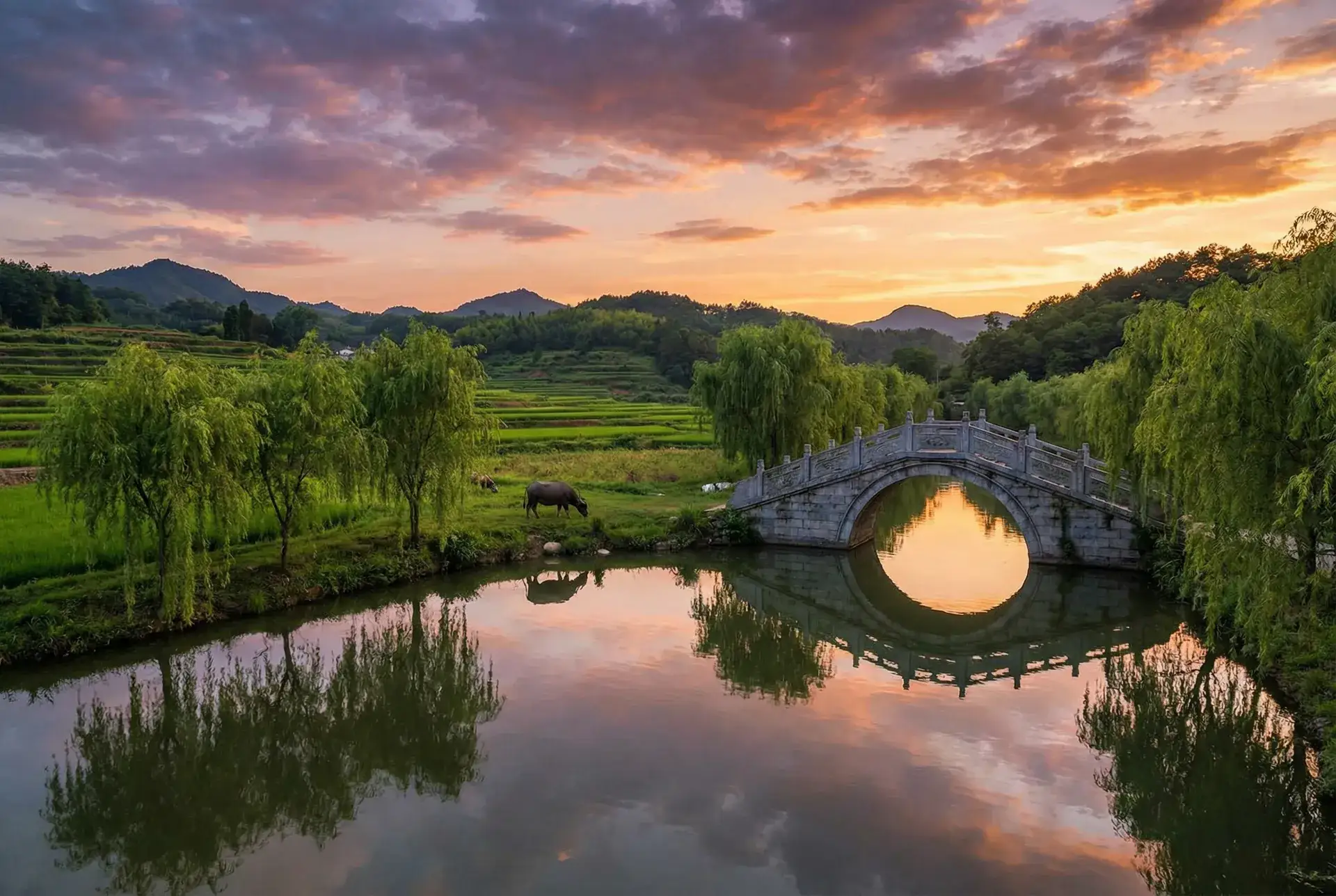 夕阳下的石拱桥与垂柳，水牛在河边吃草 - naxx开门任务 乡村美景